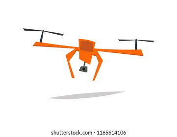 Drone flying. Quadcopter with camera recording. Smart technology in action. Flat vector illustration in cartoon style isolated on white background.