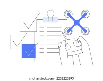 Regulaciones de vuelo de drones abstractas de concepto de ilustración vectorial. Reglas de vuelo de drones, normas de cuadrilátero, limitaciones de uso de aeronaves autónomas, metáfora abstracta del derecho del transporte aéreo no tripulado.