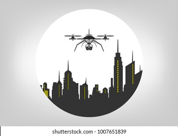 drone flying, technology service icon , whit camera in the skyline city. vector illustration isolated or grey background 