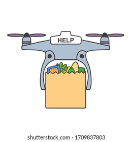 Drone with food help. Contactless delivery concept illustration. Protect form covid-19 or coronavirus. Food delivery by drone helicopter healthcare and shopping vector. 
