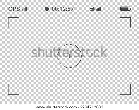 Drone frame viewfinder template. Focusing digital display screen with GPS. Vector illustration at transparent background.