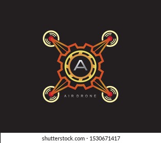 Drone Gear Engineering Letter A Logo Design, Flying Gear Drone Vector Icon.