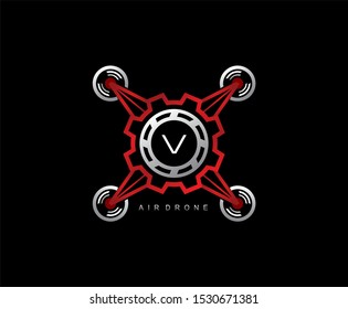 Drone Gear Engineering Letter V Logo Design, Flying Gear Drone Vector Icon.