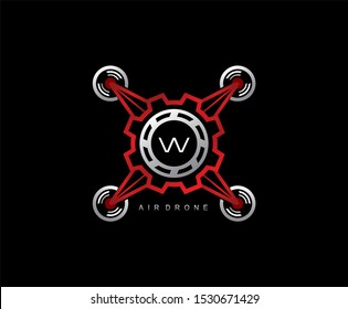 Drone Gear Engineering Letter W Logo Design, Flying Gear Drone Vector Icon.