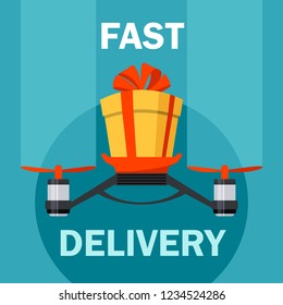 Drone with gift box with bow. Drone delivery present. Modern delivery of gifts for Christmas or New Year. Concept of Fast Express Delivery for Event