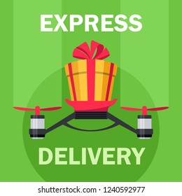 Drone with gift box with bow. Drone delivery present. Modern delivery of gifts for Christmas or New Year. Concept of Fast Express Delivery for Event
