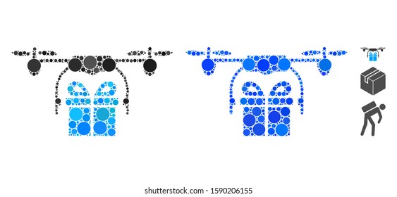 Drone gift delivery composition of filled circles in variable sizes and shades, based on drone gift delivery icon. Vector filled circles are united into blue composition.
