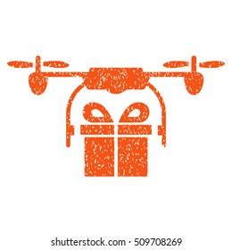 Drone Gift Delivery grainy textured icon for overlay watermark stamps. Flat symbol with dust texture. Dotted vector orange ink rubber seal stamp with grunge design on a white background.