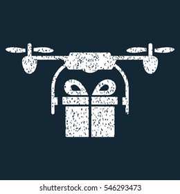 Drone Gift Delivery grainy textured icon for overlay watermark stamps. Flat symbol with unclean texture. Dotted vector white ink rubber seal stamp with grunge design on a dark blue background.