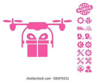 Drone Gift Delivery icon with bonus settings pictograms. Vector illustration style is flat iconic symbols, pink color, white background.