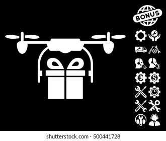 Drone Gift Delivery icon with bonus configuration icon set. Vector illustration style is flat iconic symbols, white color, black background.