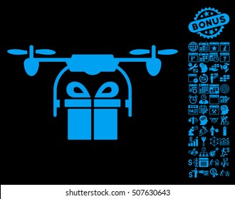 Drone Gift Delivery icon with bonus calendar and time service pictures. Vector illustration style is flat iconic symbols, blue color, black background.