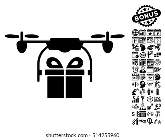 Drone Gift Delivery icon with bonus calendar and time service images. Vector illustration style is flat iconic symbols, black color, white background.