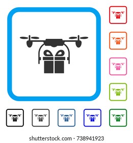 Drone Gift Delivery icon. Flat grey iconic symbol in a light blue rounded square. Black, gray, green, blue, red, orange color variants of Drone Gift Delivery vector. Designed for web and app UI.