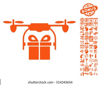 Drone Gift Delivery pictograph with bonus calendar and time management icon set. Vector illustration style is flat iconic symbols, orange color, white background.
