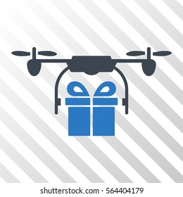 Drone Gift Delivery vector pictogram. Illustration style is flat iconic bicolor smooth blue symbol on a hatched transparent background.