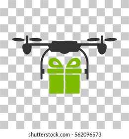 Drone Gift Delivery vector pictograph. Illustration style is flat iconic bicolor eco green and gray symbol on a transparent background.