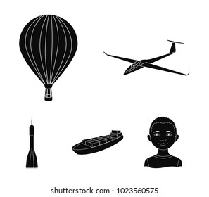 A drone, a glider, a balloon, a transportation barge, a space rocket transport modes. Transport set collection icons in black style vector symbol stock illustration web.