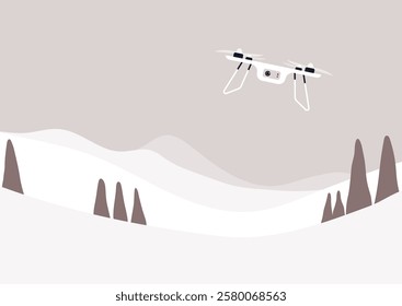 A drone glides over a serene winter landscape, revealing a tranquil scene of white snow, gentle hills, and tall spruces set against a cloudy sky, creating a peaceful atmosphere