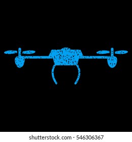 Drone grainy textured icon for overlay watermark stamps. Flat symbol with scratched texture. Dotted vector blue ink rubber seal stamp with grunge design on a black background.