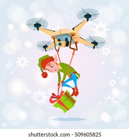 Drone Green Elf Delivery Present, Happy New Year Merry Christmas Holiday Banner Flat Vector Illustration