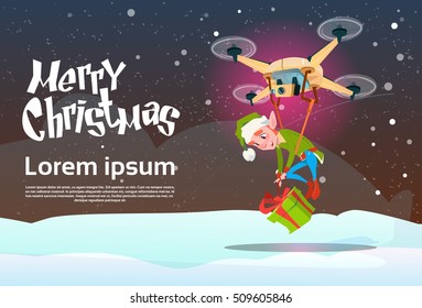 Drone Green Elf Delivery Present, Happy New Year Merry Christmas Holiday Banner Flat Vector Illustration