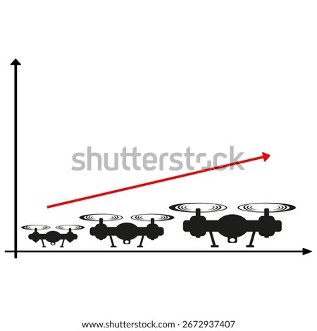 Drone growth chart. Flying quadcopter vector. Technology trend symbol. Aerial device statistic.
