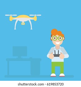 Drone and guy with remote controls