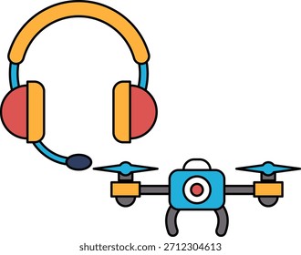 Eine Drohne und ein Headset sind in einer schwarz-weißen Zeichnung dargestellt. Die Drohne befindet sich auf der rechten Seite des Bildes, das Headset auf der linken Seite