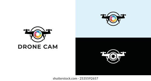 Logotipo da fotografia da lente da câmera do helicóptero do drone. Drone com obturador de câmera ou logotipo de abertura.