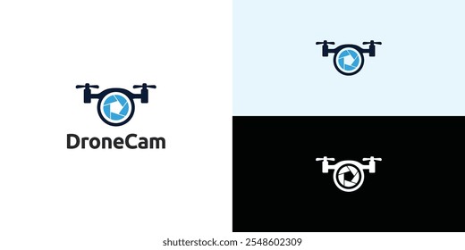 Logotipo da fotografia da lente da câmera do helicóptero do drone. Drone com obturador de câmera ou logotipo de abertura.