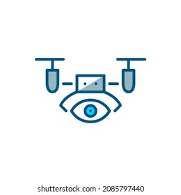 Drone helicopter with an eye camera. Computer vision, video surveillance and smart city security system. Pixel perfect, editable stroke colorful icon
