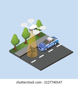 Drone helps police to track a thief isometric 3d vector concept for banner, website, illustration, landing page, flyer, etc.