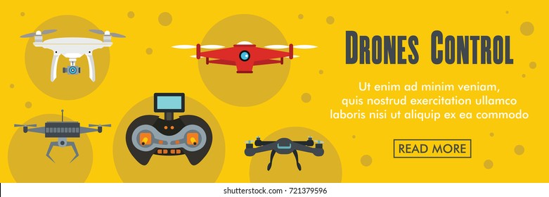 Drone horizontal banner. Drones remote control vector illustration in flat style for web