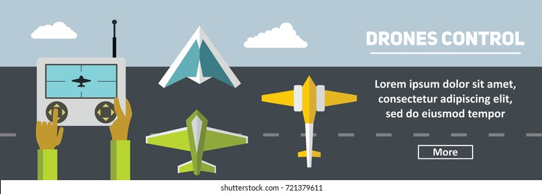 Drone horizontal banner. Military drone remote control vector illustration in flat style for web