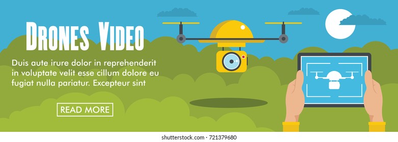 Drone horizontal banner. Drone remote video vector illustration in flat style for web