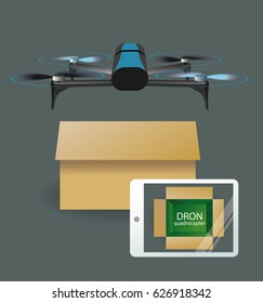 Drone hovered over the box. Concept illustration of a drone carrying a package.