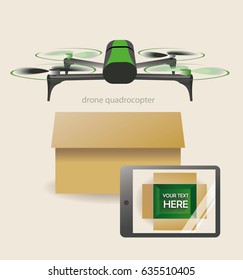 Drone hovered over the box. Concept illustration of a drone carrying a package.