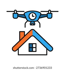 Drone hovering above a simple house illustration with a clock on its body. Vector