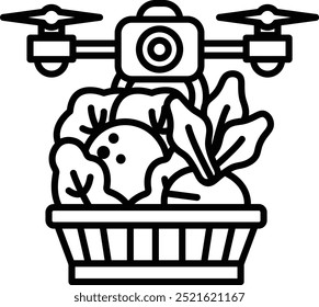 Un dron está sobrevolando una canasta de verduras. Las verduras incluyen zanahorias, brócoli y lechuga