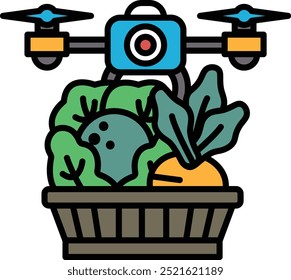 Un dron está sobrevolando una canasta de verduras. Las verduras incluyen zanahorias, brócoli y lechuga