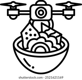 Un dron está sobrevolando un tazón de comida, incluyendo un pedazo de brócoli. El dron está equipado con una cámara, que apunta hacia la comida. Concepto de curiosidad y exploración