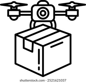 A drone is hovering over a box. The drone is black and white . The box is orange