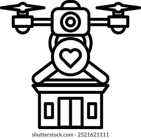 A drone is hovering over a building with a heart on it. The drone is blue and yellow