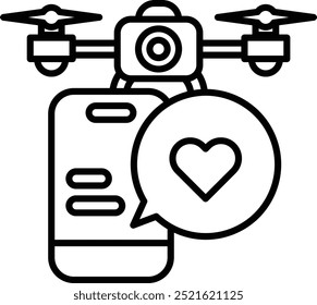 Um drone está pairando sobre um celular com um coração nele. O drone está equipado com uma câmera e está pronto para tirar uma foto. O coração simboliza amor e afeição