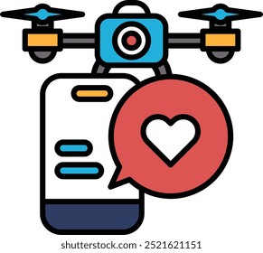 Um drone está pairando sobre um celular com um coração nele. O drone está equipado com uma câmera e está pronto para tirar uma foto. O coração simboliza amor e afeição