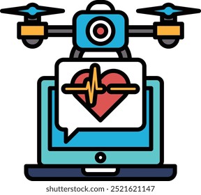 Eine Drohne schwebt über einem Laptop mit einem Herz darauf. Das Herz ist von einer roten Linie umgeben, und die Drohne ist über dem Herzen positioniert. Konzept von Technologie und Innovation
