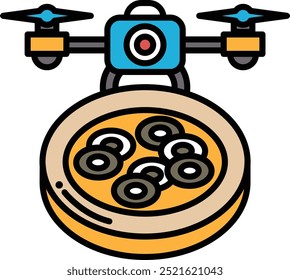 A drone is hovering over a plate of food. The drone is blue and yellow. The plate of food is round and has a lot of food on it
