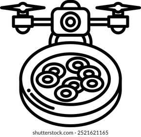 A drone is hovering over a plate of food. The drone is blue and yellow. The plate of food is round and has a lot of food on it