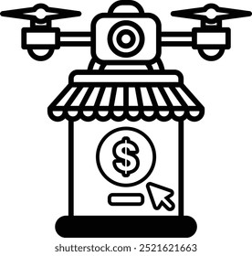A drone is hovering over a store with a sign. The drone is flying over a box that has a dollar sign on it